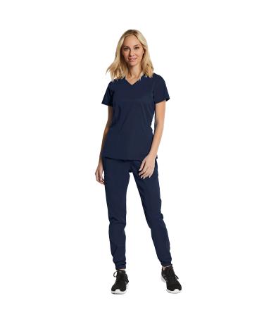 Scrubs for Women Set 7 Pocket 4-Way Stretch Mock Wrap and Jogger Pant Elements EL9905 Small Navy