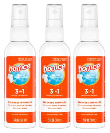 Bounce Rapid Touch-Up 3 in 1 Wrinkle Releaser Clothing Spray - RELEASE WRINKLES - Eliminates Odors & Freshens - Removes Static - TSA Approved Travel Size 3 Oz Pack of 3