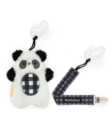 BooginHead Pacifier Holder Stuffed Animal and Baby Pacifier Clip 2 Piece Set  Plaid Panda