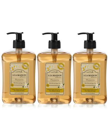 A LA MAISON Plumeria Liquid Hand Soap - Triple French Milled Natural Moisturizing Soap (Pack of 3 16.9 oz Bottle) Plumeria 16.9 Fl Oz (Pack of 3)