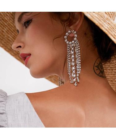 Missgrace Dainty Rhinestones Tassel Long Earrings Set - Silver Layered Dangle Hoop Studs for Women & Girls - Buy Online on SooperMarket.com