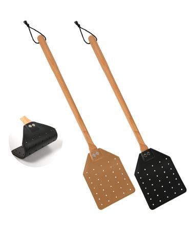 Peutier 2Stk leather fly swatter 49.5cm long robust fly clapes manually with wooden handle fly slots for inside and outside (black brown)