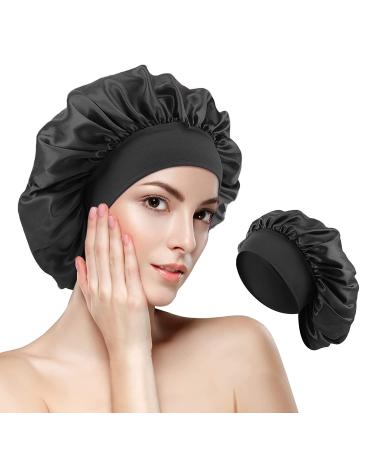 Ehiog satin bonnet night sleeping cap silk curls breathable silk sleeping cap double -layer night hat adjustable sleeping cap black for women and girls