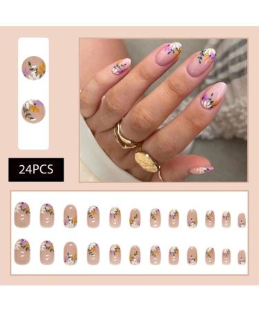 24Pcs Short Press on Almond Round Fake Nails with Little Flowers Design - Glossy Acrylic False Nails for Women and Girls | Spring Styles-4 - Buy Online on SooperMarket.com