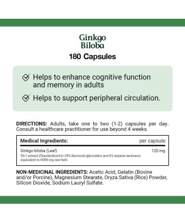 Nature's Bounty Ginkgo Biloba Pills and Herbal Health Supplement Helps Enhance Cognitive Function and Memory 120mg 180 Capsules 180 count (Pack of 1) - Buy Online on SooperMarket.com
