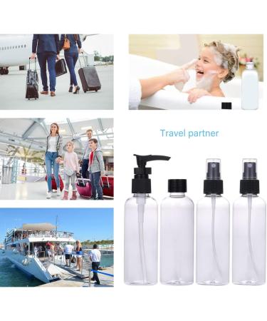 Lufevrm Travel Bottles Set - 4 Leakproof 100ml Refillable Spray & Pump Bottles with Transparent Bag for Shampoo & Perfume - Ideal for International Travel - Buy Online on SooperMarket.com