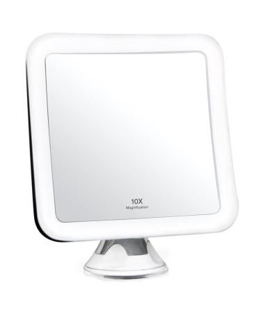 Fancii 10X Magnifying Lighted Makeup Mirror - Daylight LED Vanity Mirror - Compact, Cordless, Locking Suction, 6.5" Wide, 360 Rotation, Portable Illuminated Bathroom Mirror (Square) White
