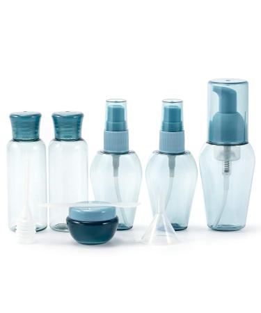 Rintal ZKSM travel bottles set with 6 empty cosmetic containers with label funnel straw for liquids water emulsion (blue transparent)