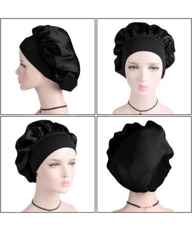2 Pack Satin Bonnet Night Sleep Caps with Wide Elastic Band Silk Hair Wrap for Sleeping Soft Sleeping Head Cover Sleeping Hat for Women and Girls Curly Hair (Black) - Buy Online on SooperMarket.com