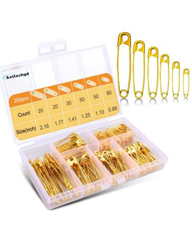 Atteched 250 Pcs 6-Size Pack of Safety Pins Top-Notch Small and Large Safety Pin Strong & Rust-Resistant Safety Pin for Clothes Hijab Sewing (Gold)
