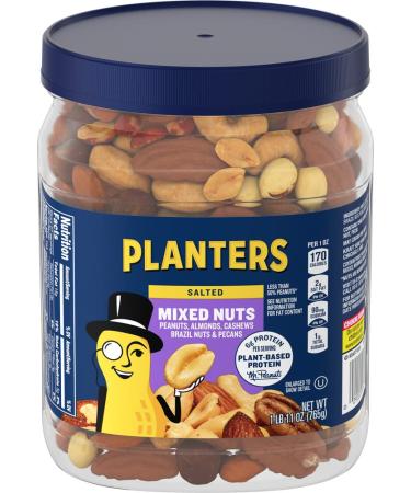 PLANTERS Mixed Nuts, Lightly Salted, 27 oz. Resealable Jar - Lightly Salted Nuts with Less than 50% Peanuts* (*Nuts are Measured by Weight), Almonds, Cashews, Hazelnuts & Pecans - Kosher