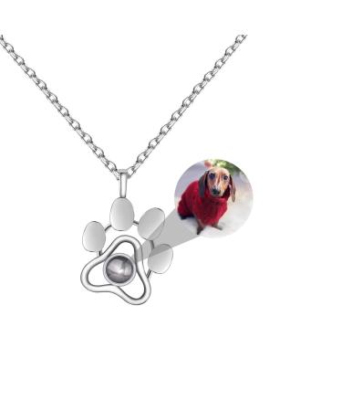 CSSTONE Dog Paw Photo Chain Projection Necklace With Picture Chain with Photo Chain with Picture Inside 925 Sterling Silver I Love You Memory Gift For Women/Pet Silver