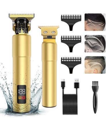 Hatteker Hair Trimmer Professional Men's Hair Clipper Zero Gapped Detail Trimmers Cordless T-Blade Edgers Grooming Kit for Men Rechargeable LCD Display Gold