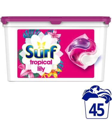 Surf 3-in-1 Tropical Lily Washing Detergent Capsules Brilliant Clean Long Lasting Fragrance and Made with Natural Essential Oil Laundry Detergent XL Pack 45 Washes (Buy 4) - Buy Online on SooperMarket.com