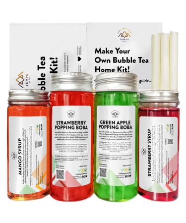Bubble Tea Kit - Mango & Strawberry with Apple & Strawberry Popping Boba Serves 6 Fruit Tea Concentrate Low Calorie Low Sugar