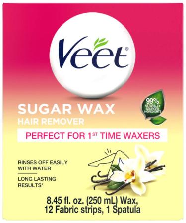 Hair Removal Wax- VEET Sugar Wax Hair Remover Waxing Kit with Essential Oils and Floral Vanilla Fragrance 250ml Wax and 12 Fabric Strips with 1 Spatula (Pack of 2)