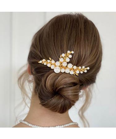 Handcess Bridal Wedding Hair Comb Gold Pearls Hairpiece Leaf Bridal Side Combs Wedding Hair Accessories for Women and Girls
