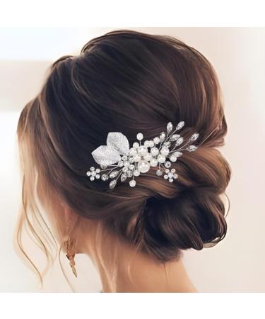 Handcess Bridal Pearls Hair Comb Splitter Rhinestone Flowers Hairpieces Crystal Bridal Side Combs Leaf Wedding Hair Accessories for Women and Girls - Buy Online on SooperMarket.com