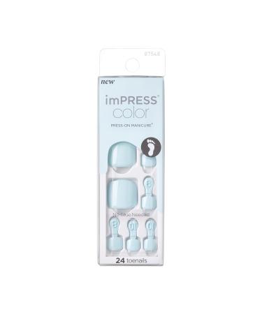 KISS imPRESS Color Press-On Pedicure Fake Toenails Kit  Style Dream Glow  Square Shaped  Light Blue Press-On Nails  Includes Prep Pad  Mini Nail File  Cuticle Stick  & 24 Fake Nails