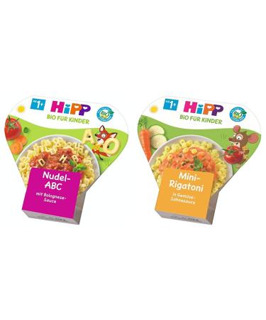 Hipp children's noodle fun Flying ABC in Bolognese-Sauce 6 Pack (6 x 250 g) & children's organic pasta mini -rigatoni in vegetable cream sauce 6-pack (6 x 250 g)
