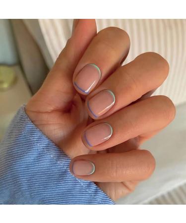 Simple French Blue Green Edge Nail Press on Nails Short Square Glossy False Nail Daily Manicure 24 Pcs 16