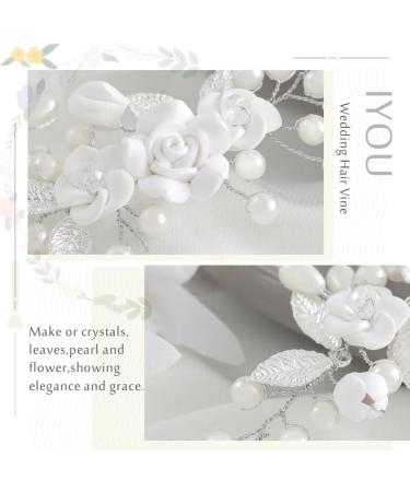 IYOU Flower Bridal Hair Vine Silver Pearl Bride Headband Leaf Wedding Headpiece Communion Prom Hair Accessories for Women and Girls - Buy Online on SooperMarket.com