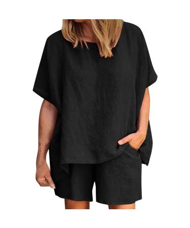Ladies Loose Casual Round Neck Solid Color Cotton Linen Two Piece Shorts Suit Girls Swimsuits Two Piece (Black, M) Medium Black