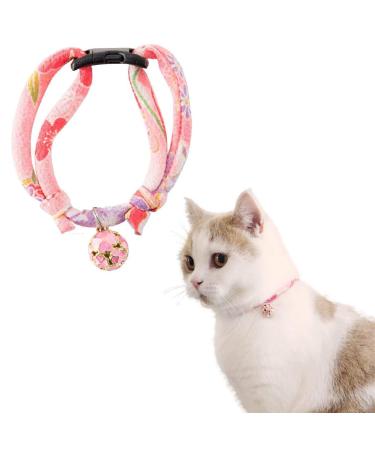 Necoichi Chirimen Cat Collar with Clover Bell, Handcrafted in Japan, 1 Size fits All Pastel Pink