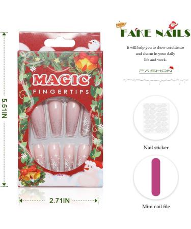 Vatocu Christmas False Nails - 24pcs Long Xmas Press on Nails with Snowflakes Glitter for Women and Girls - Buy Online on SooperMarket.com