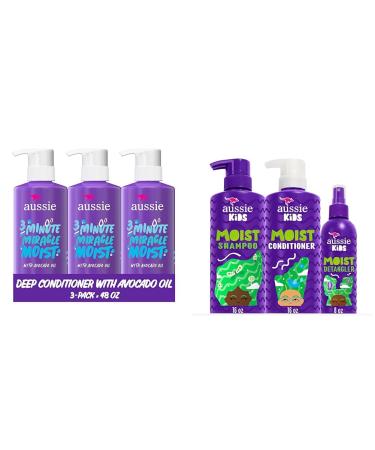 Aussie Deep Conditioner for Dry Hair with Avocado and Jojoba Oil & Kids Sulfate Free Shampoo Conditioner and Detangler Bundle Paraben Free (1 186 mL Total)