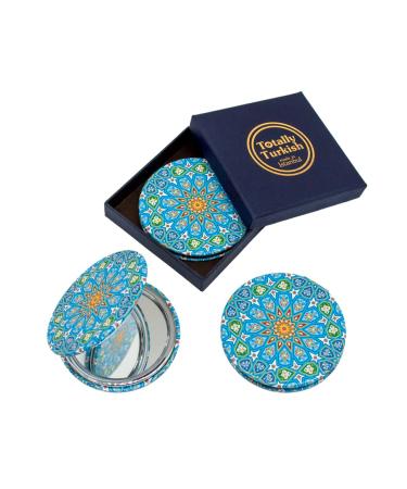Totally Turkish Metal Compact Mirror Small Folding Round Mirror With Magnetic Close 1x & 2x Magnification For Handbags Make-Up Travel & Commutes Bright & Funky Geometric Pattern (Sky Blue)