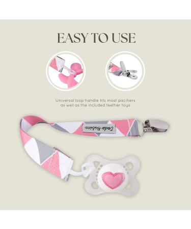 Dodo Babies Pacifier Clip & Teether Toy Set - 4 Clips + 2 Silicone Teethers - Universal Holder - Pink/Grey Prints - Boys/Girls - Buy Online on SooperMarket.com