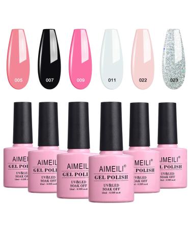 AIMEILI Valentine's Day Gel Nail Polish Set  French Tips White Gel Nail Polish Kit Clear Nude Pink Glitter Black Gel Color Polish Set Soak Off Nail Lacquer Color Set Of 6pcs X 10ml - Kit Set 1