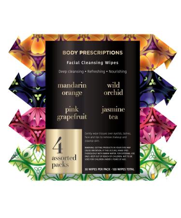 Facial Cleansing Wipes | Mandarin Orange Wild Orchid Pink Grapefruit & Jasmine Tea Face Cleansing and Gentle Makeup Remover Wipes 4 Pack (30 Count Each) 120 Towelettes | Body Prescriptions Mandarin Orchid Grapefru...