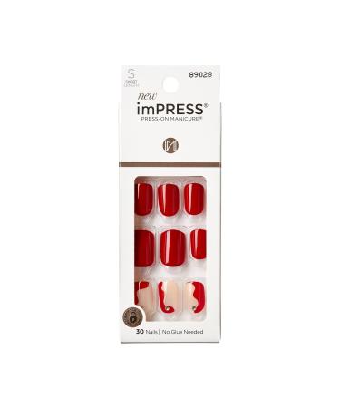 KISS imPRESS No Glue Mani Press On Nails Design 'Adore You' Red Short Size Squoval Shape Includes 30 Nails Prep Pad Instructions Sheet 1 Manicure Stick 1 Mini File