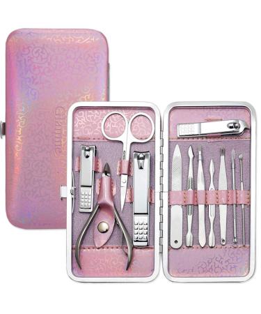 Glamne Manicure Pedicure Set Tools Professional Stainless Steel Nail Care Kits with Holographic Travel Case(Pink)