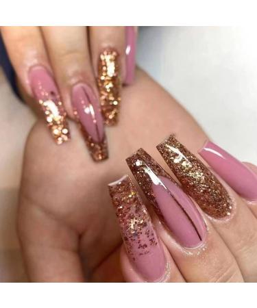 JUSTOTRY 24 Pcs Glitter Fake Nails Long Gold French Press on Nails Patterns Beautiful Pink Ballerina Stick on Nails for Women Acrylic Coffin False Nails Long with Glue for Nail Art pink & glitter1