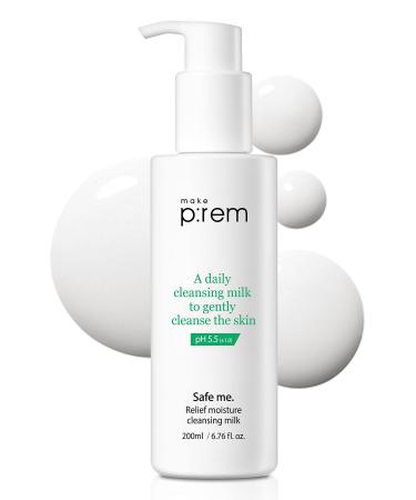 MAKEPREM Safe Me Relief Moisture Cleansing Milk 6.76 Fl Oz Sub-Acid pH 5.5 Mild Makeup Remover Gentle Milk Cleanser Dry Sensitive Acne-Prone Skin Moisturizing Age Defying No Chemicals Non-Irritating