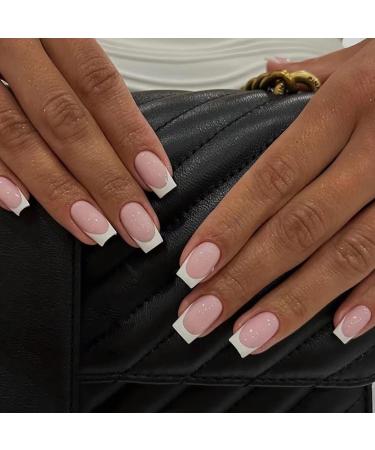24 PCS White French Tip Press on Nails Pink False Nails Glossy Square Fake Nails Full Cover Stick on Nails for Women and Girls Daily Wear White A Style
