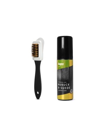 Kaps Leather Conditioner and Colour Restorer of Nubuck and Suede Leather with Sponge Applicator and 4-Sided Shoe Brush Leather Softener for Shoes Handbags Satchels Gloves and More
