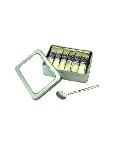 Nescafe Gold Blend Decaf Coffee Sachets Individually Wrapped 30 x 1.8g Bundle with Refillable Silver Window Lid Tin and Latte Spoon Set - For Home Desk or Travel