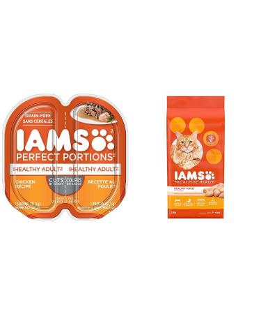 IAMS Perfect PORTIONS Healthy Adult Wet Cat Food Cuts in Gravy - Chicken Flavour 75g Tray (24 Pack) Orange & PROACTIVE HEALTH Healthy Adult Dry Cat Food with Chicken 3.18kg bag Cat Food+ Cat Food