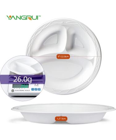 YANGRUI White Plastic Plates 9 Inch 3 Compartments 150 Pack - BPA Free, Food Grade Material, Reusable Dinner Plates - Buy Online on SooperMarket.com
