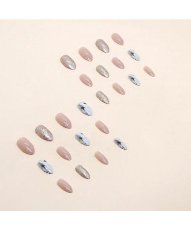 JUSTOTRY 24 Pcs Short Marble Stiletto False Nails - Nude French Glitter Press On Nails with Nail Glue - Trendy Almond Stick On Nails for Women - Buy Online on SooperMarket.com