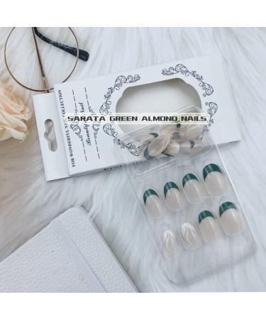 24Pc Short Glossy Almond Design Press on Nails - French Green False Nails Kit with Glue - Oval Green White Nail Tips - Buy Online on SooperMarket.com