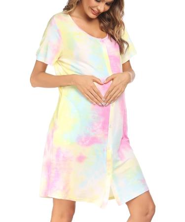 Ekouaer Women's Short Sleeve Nightdress with Pockets | Soft Button Down Sleepwear | Summer Loungewear in Tie Dye Print - Buy Online on SooperMarket.com