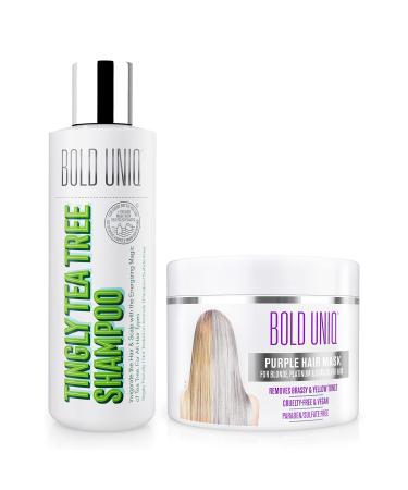 BOLD UNIQ Purple Hair Mask For Blonde, Platinum, Bleached, Silver, Gray, Ash & Brassy Hair & Tea Tree Shampoo - Remove Yellow Tones and Condition Dry, Damaged Hair - Cruelty Free & Vegan