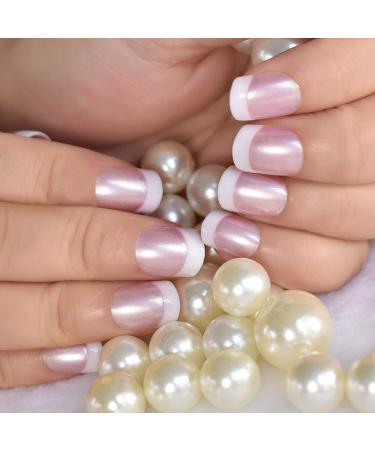 Elevenail Glossy Pearl Pink White French False Nails - Medium Short Squoval Press on Nails for Women and Girls - Christmas Nail Art Tips Gift - Buy Online on SooperMarket.com
