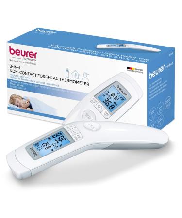 Beurer 3-in-1 Forehead Non-Contact, Body, Surface, Room Temperature, High Accuracy, Large Blue Backlit LCD Display Thermometer, 60 Memory Spaces, FT90 White, 32 Count (Pack of 1)