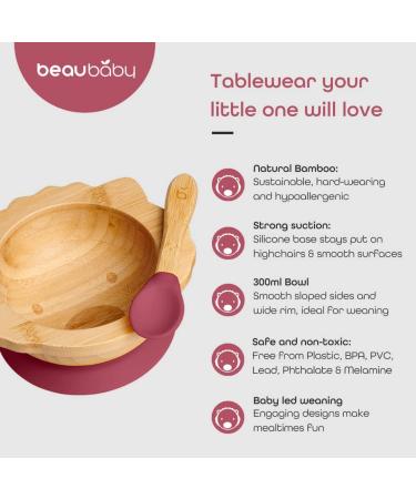 BeauBaby Wombat Bamboo Suction Bowl Set with Spoon - Cherry | Stay Put Silicone Suction Ring | Baby Feeding Bowl - Buy Online on SooperMarket.com